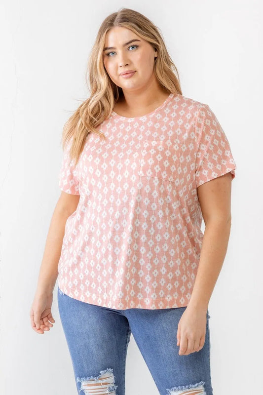 Junior Plus Blush Abstract Print Pocket Short Sleeve Round Neck Top /3-2-1 - Tasha Apparel Wholesale