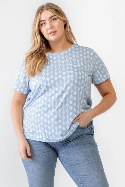 Junior Plus Sky Abstract Print Pocket Short Sleeve Round Neck Top /3-2-1 - Tasha Apparel Wholesale