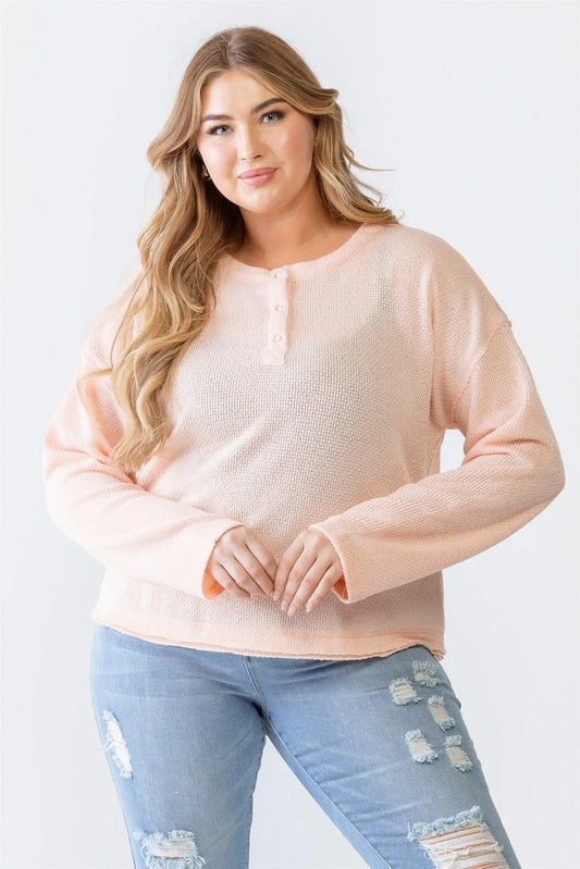 Junior Plus Peach Knit Button-Up Long Sleeve Top /1-1-1 - Tasha Apparel Wholesale