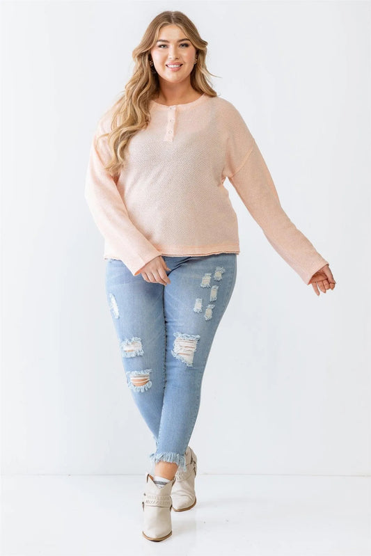 Junior Plus Peach Knit Button-Up Long Sleeve Top /3-2-1 - Tasha Apparel Wholesale