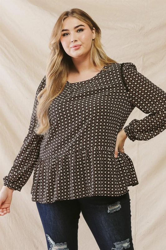 Junior Plus Black Chevron Print Embroidery Shoulder Detail Flare Hem Top /3-2-1 - Tasha Apparel Wholesale