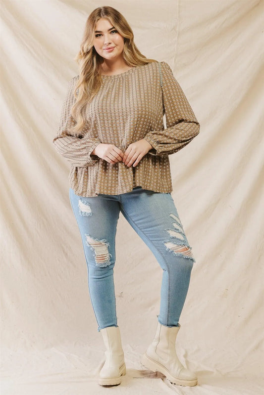 Junior Plus Camel Chevron Print Embroidery Shoulder Detail Flare Hem Top /3-2-1 - Tasha Apparel Wholesale