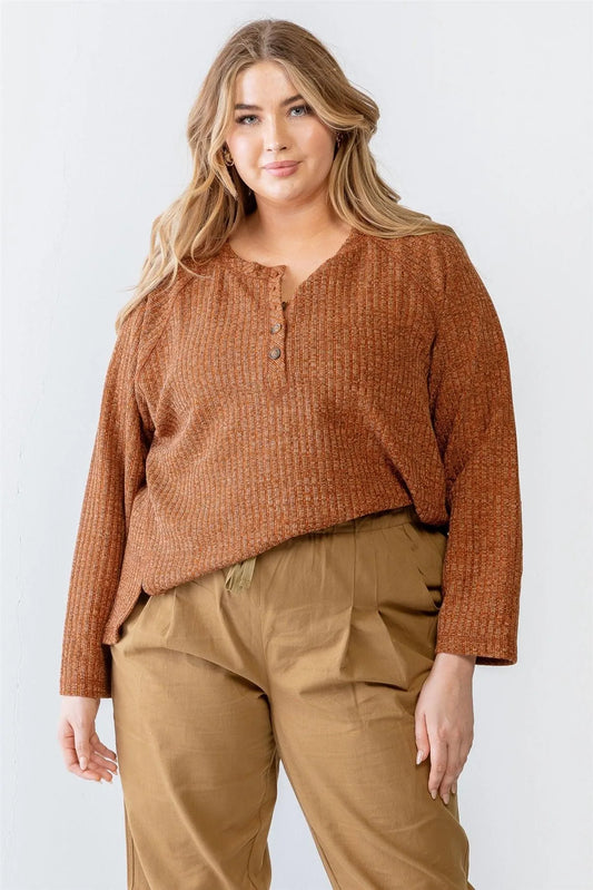 Junior Plus Rust Ribbed Button-Up Long Sleeve Sweater - Tasha Apparel Wholesale
