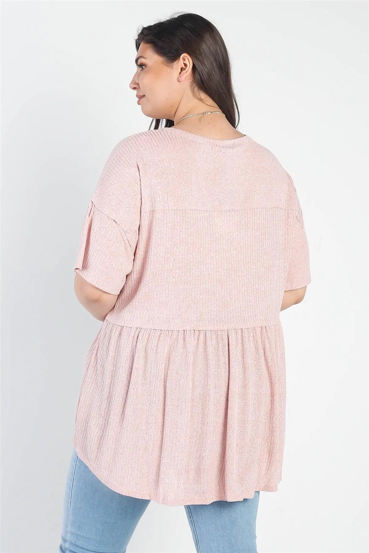 Junior Plus Blush Ribbed Trim Detail Short Sleeve Flare Hem Top /3-2-1 - Tasha Apparel Wholesale
