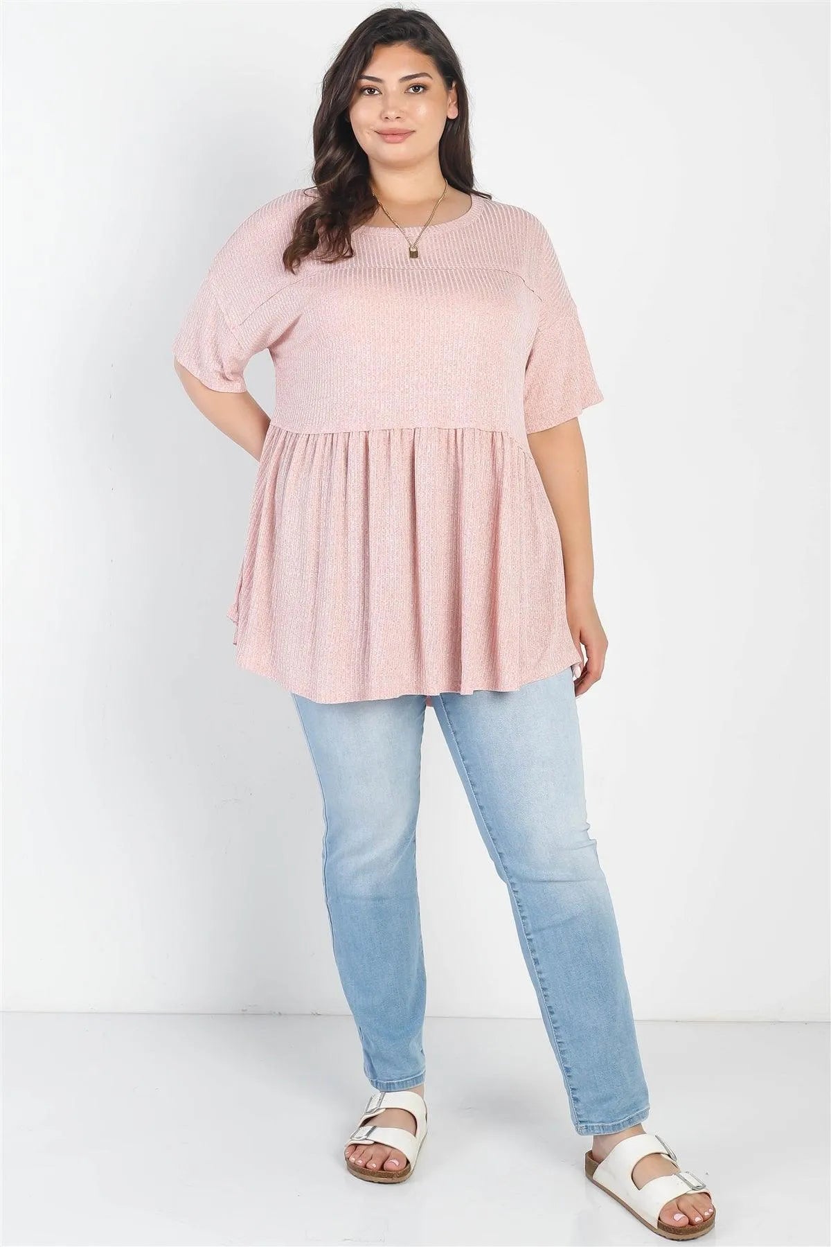 Junior Plus Blush Ribbed Trim Detail Short Sleeve Flare Hem Top /3-2-1 - Tasha Apparel Wholesale