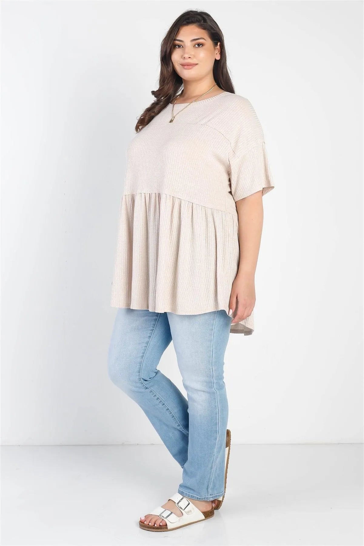 Junior Plus Tan Ribbed Trim Detail Short Sleeve Flare Hem Top /2-1 - Tasha Apparel Wholesale