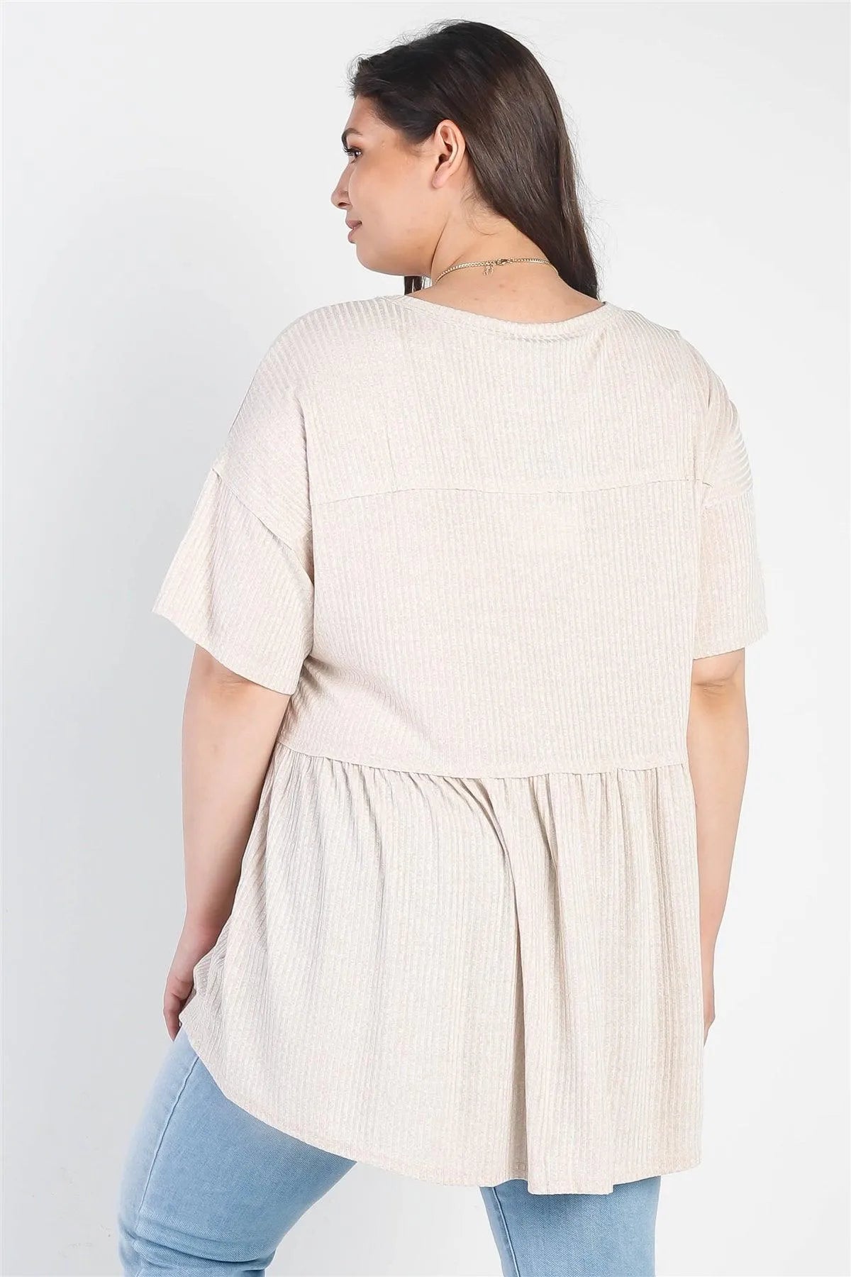 Junior Plus Tan Ribbed Trim Detail Short Sleeve Flare Hem Top /2-1 - Tasha Apparel Wholesale