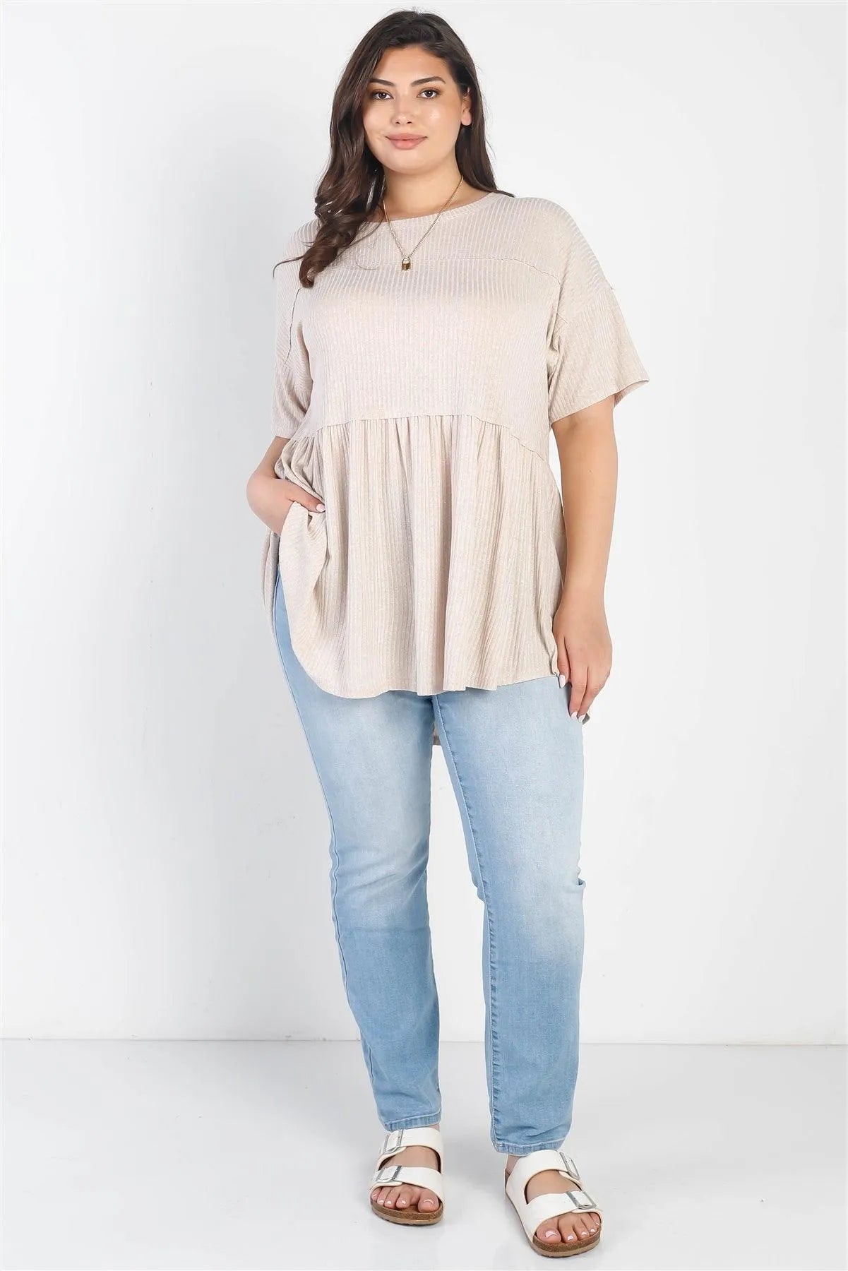 Junior Plus Tan Ribbed Trim Detail Short Sleeve Flare Hem Top /2-1 - Tasha Apparel Wholesale