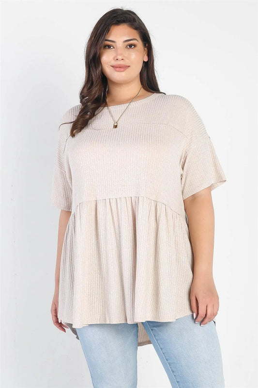 Junior Plus Tan Ribbed Trim Detail Short Sleeve Flare Hem Top /3-2-1 - Tasha Apparel Wholesale