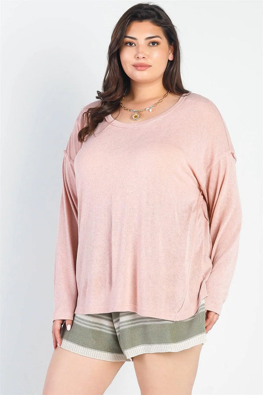 Junior Plus Blush Trim Detail Long Sleeve Top /3-2-1 - Tasha Apparel Wholesale
