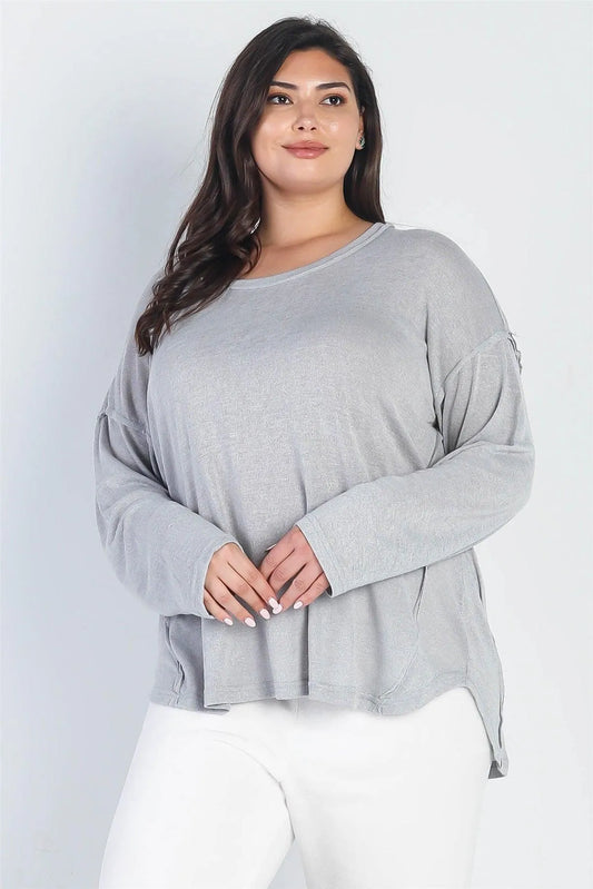 Junior Plus Grey Trim Detail Long Sleeve Top /3-2-1 - Tasha Apparel Wholesale