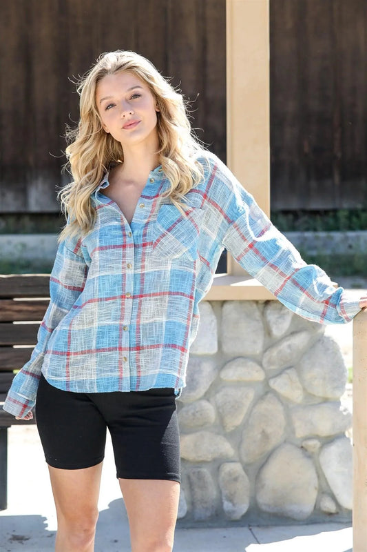 Blue Cotton & Linen Blend Textured Plaid Shirt Top /2-2-2 - Tasha Apparel Wholesale