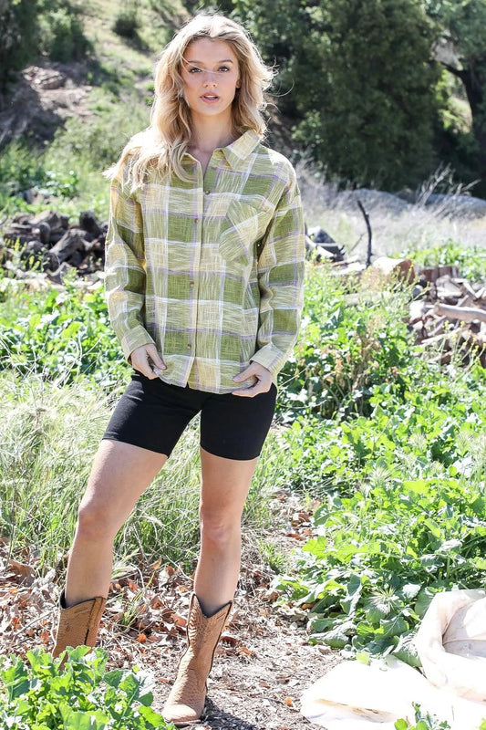 Lime Cotton & Linen Blend Textured Plaid Shirt Top /2-2-3 - Tasha Apparel Wholesale