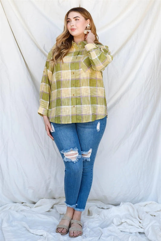Junior Plus Lime Cotton & Linen Blend Textured Plaid Shirt Top /1-1-1 - Tasha Apparel Wholesale