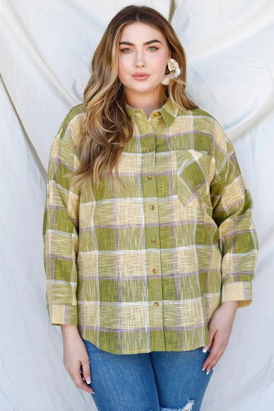 Junior Plus Lime Cotton & Linen Blend Textured Plaid Shirt Top /3-2-1 - Tasha Apparel Wholesale