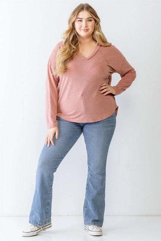 Junior Plus Brick Leopard Print V-Neck Long Sleeve Top /2-3-2 - Tasha Apparel Wholesale