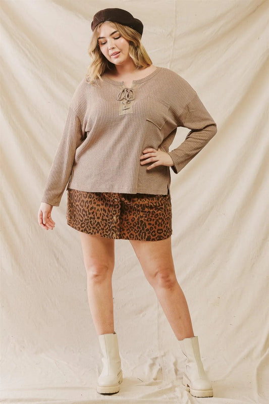Junior Plus Mocha Ribbed Lace-Up One Pocket Long Sleeve Top /3-2-1 - Tasha Apparel Wholesale