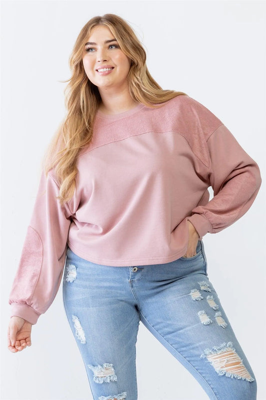 Junior Plus Mauve Knit Inset Crew Neck Long Sleeve Sweater /4-2 - Tasha Apparel Wholesale