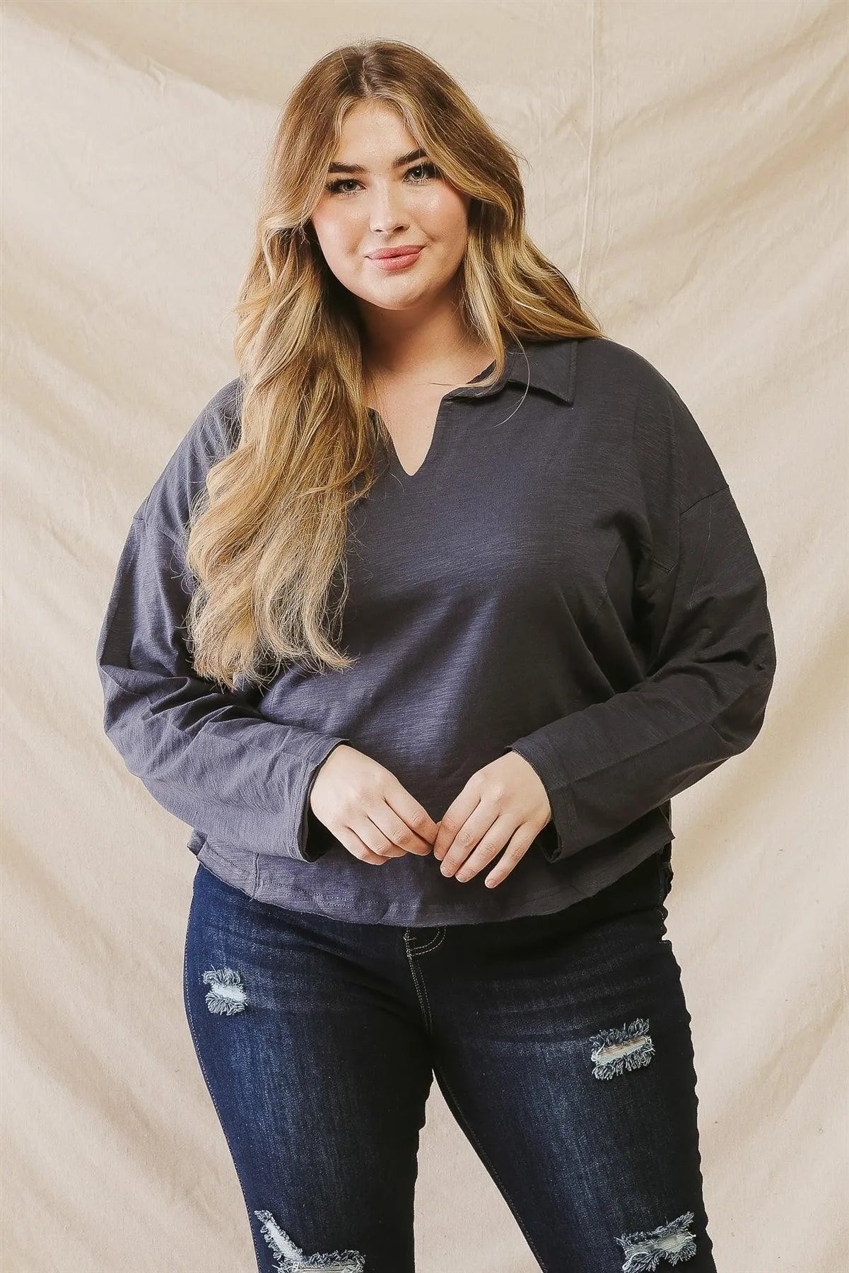 Junior Plus Blue Cotton Material Long Sleeve Collared Top /3-2-1 - Tasha Apparel Wholesale