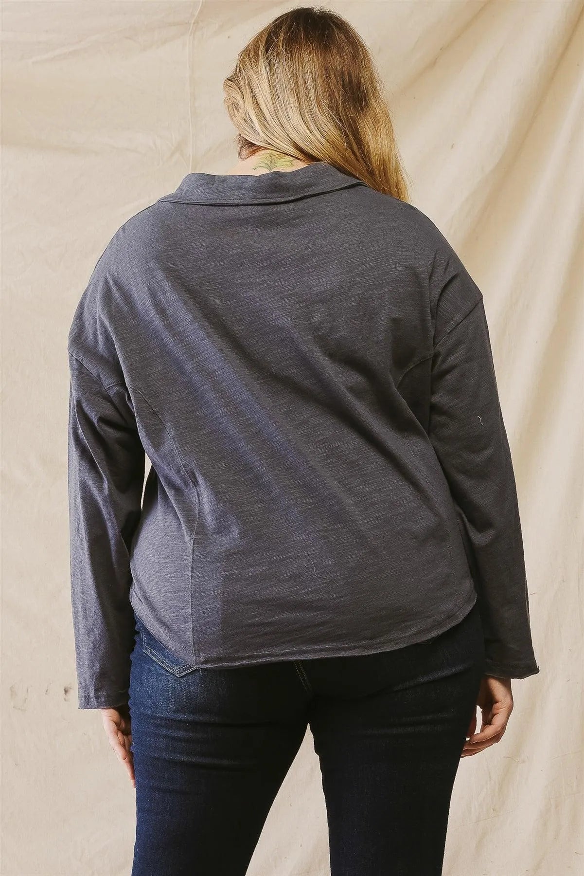 Junior Plus Blue Cotton Material Long Sleeve Collared Top /3-2-1 - Tasha Apparel Wholesale