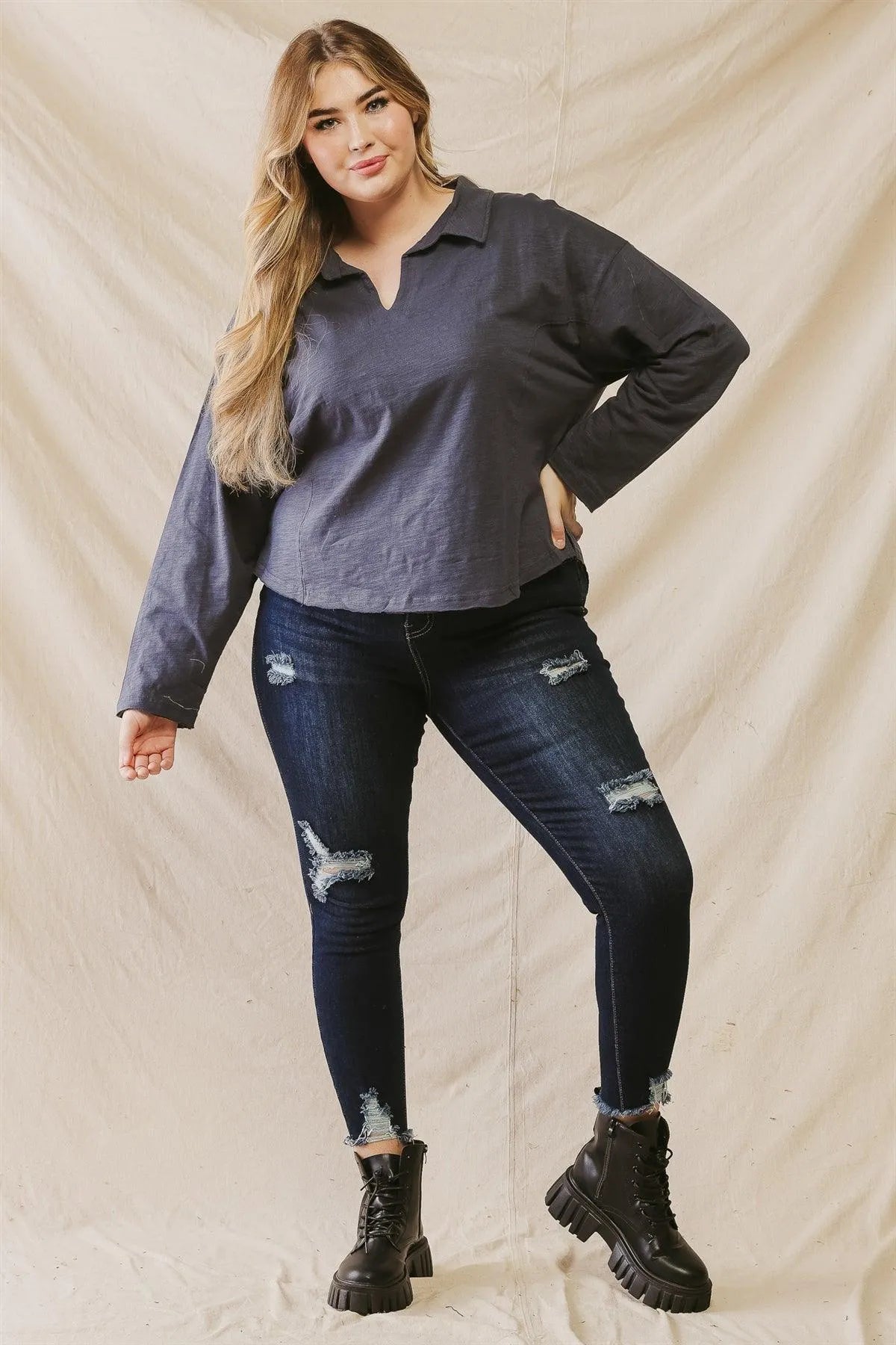 Junior Plus Blue Cotton Material Long Sleeve Collared Top /3-2-1 - Tasha Apparel Wholesale