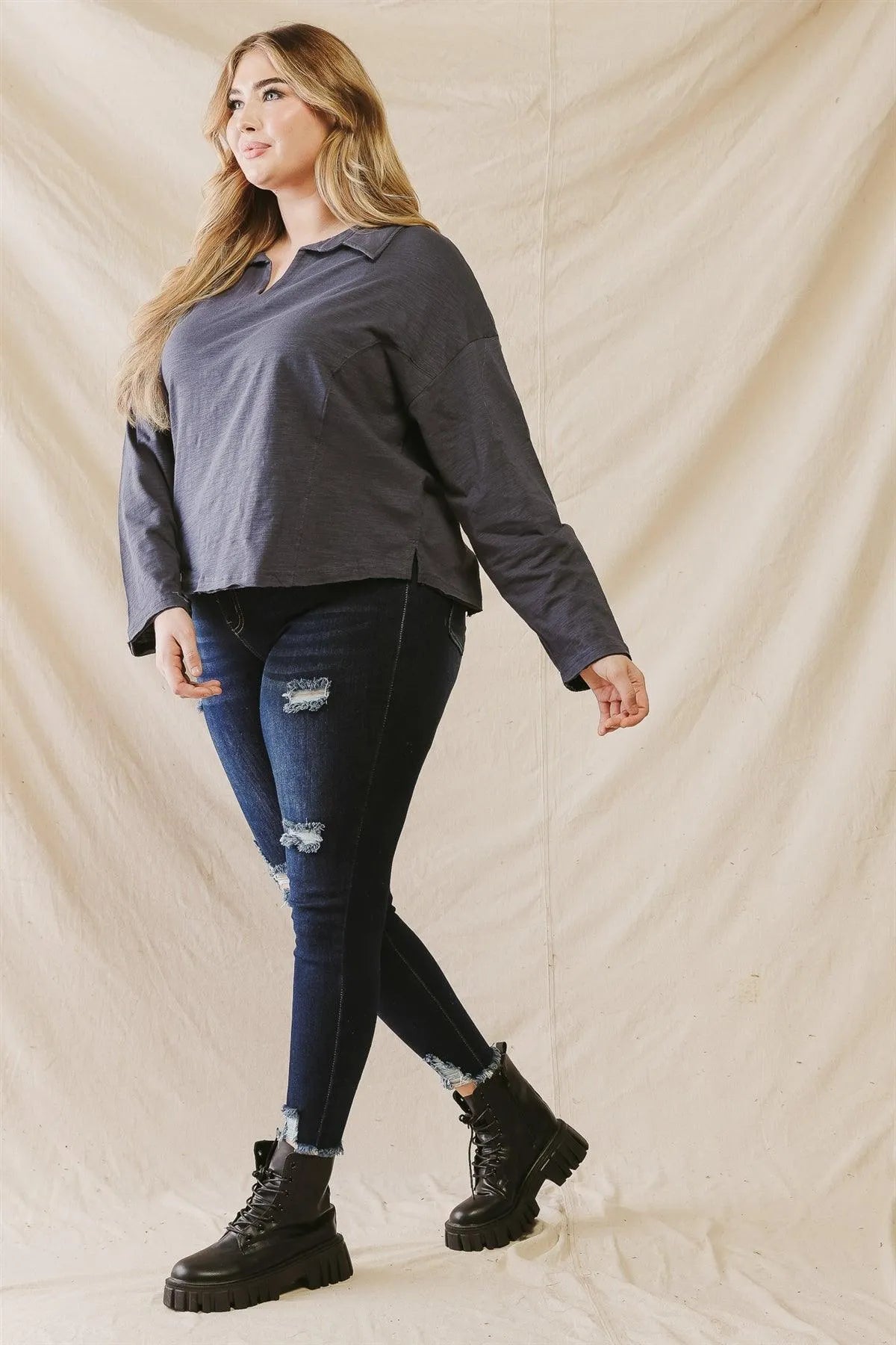 Junior Plus Blue Cotton Material Long Sleeve Collared Top /3-2-1 - Tasha Apparel Wholesale