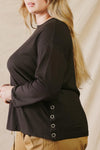 Junior Plus Black Side Button Detail Crew Neck Long Sleeve Top /2-2-1 - Tasha Apparel Wholesale