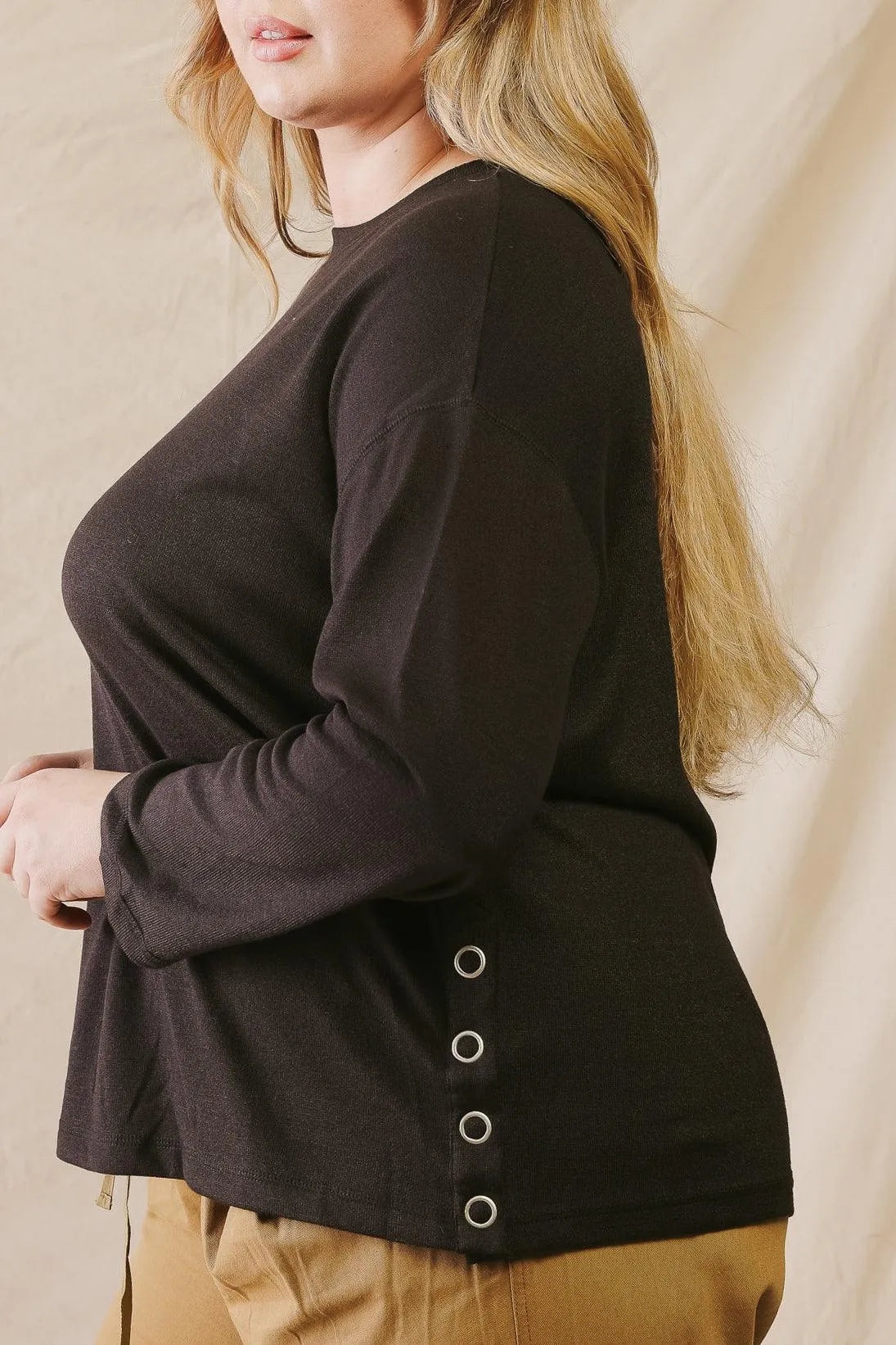 Junior Plus Black Side Button Detail Crew Neck Long Sleeve Top /2-2-1 - Tasha Apparel Wholesale