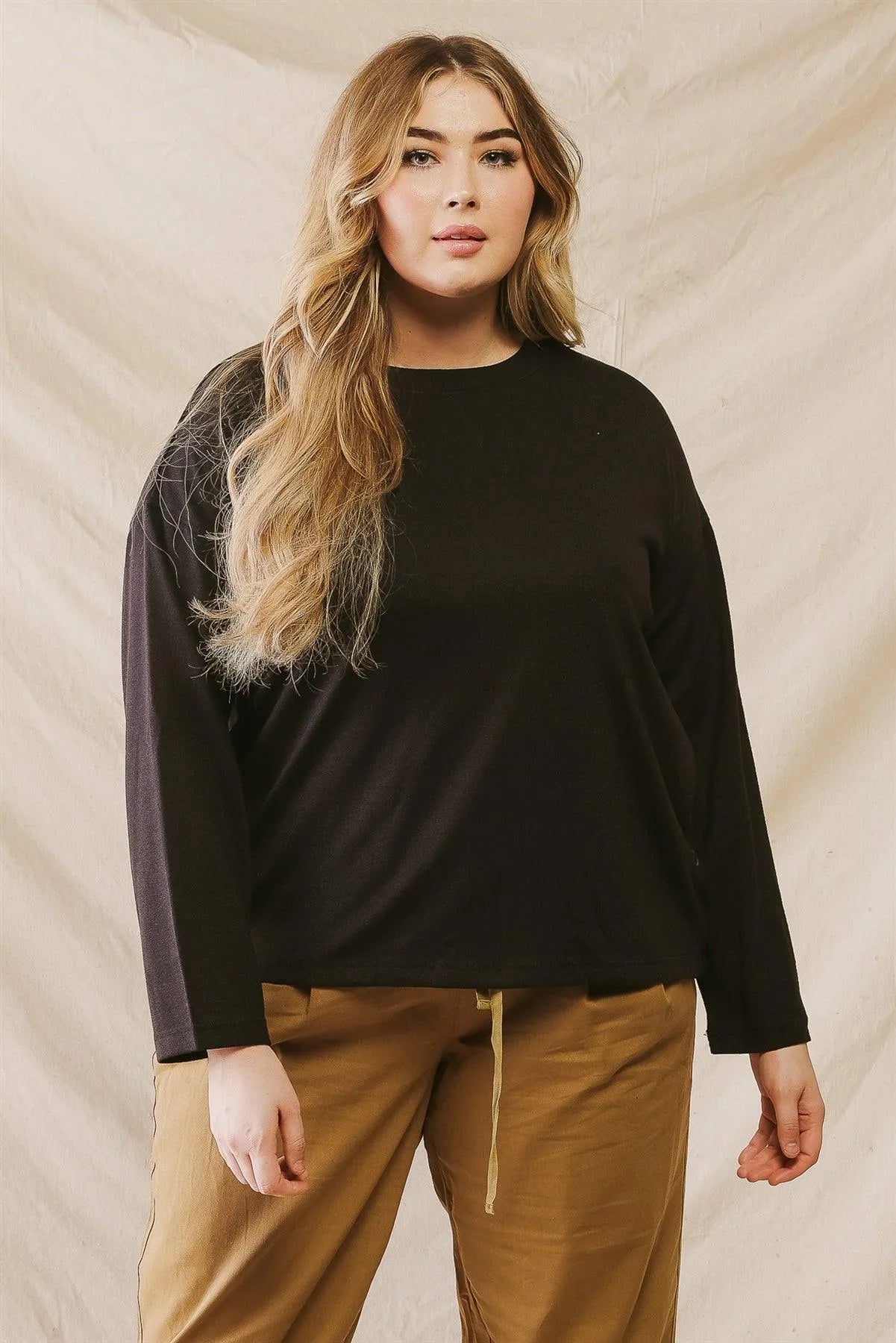 Junior Plus Black Side Button Detail Crew Neck Long Sleeve Top /2-2-1 - Tasha Apparel Wholesale