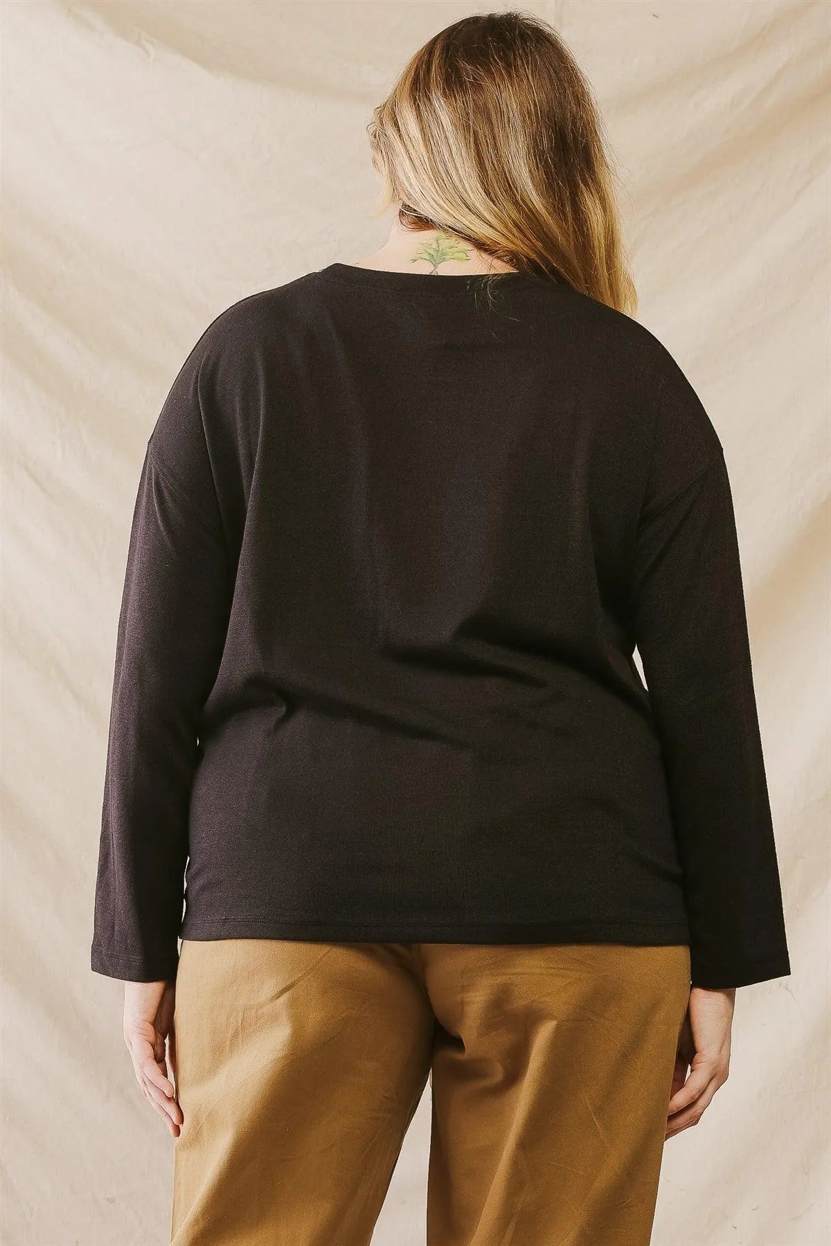 Junior Plus Black Side Button Detail Crew Neck Long Sleeve Top /2-2-1 - Tasha Apparel Wholesale