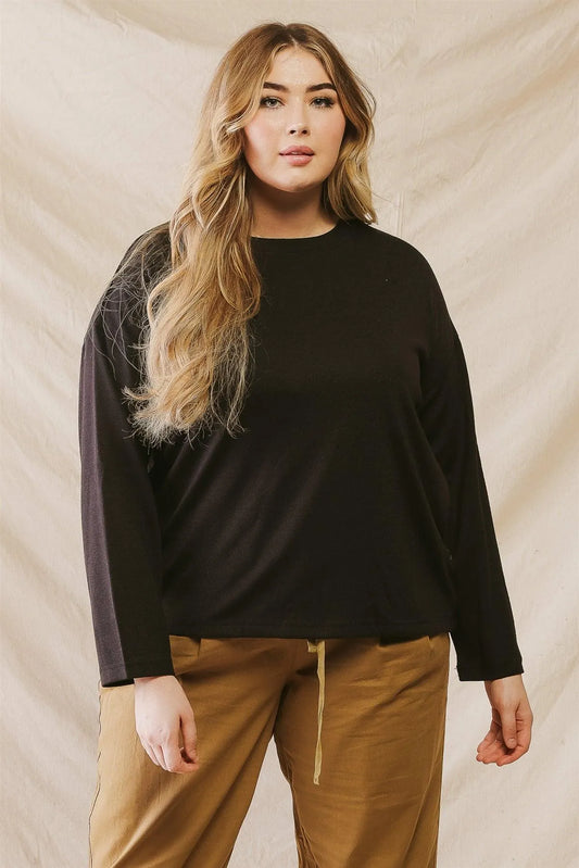 Junior Plus Black Side Button Detail Crew Neck Long Sleeve Top /3-2-1 - Tasha Apparel Wholesale