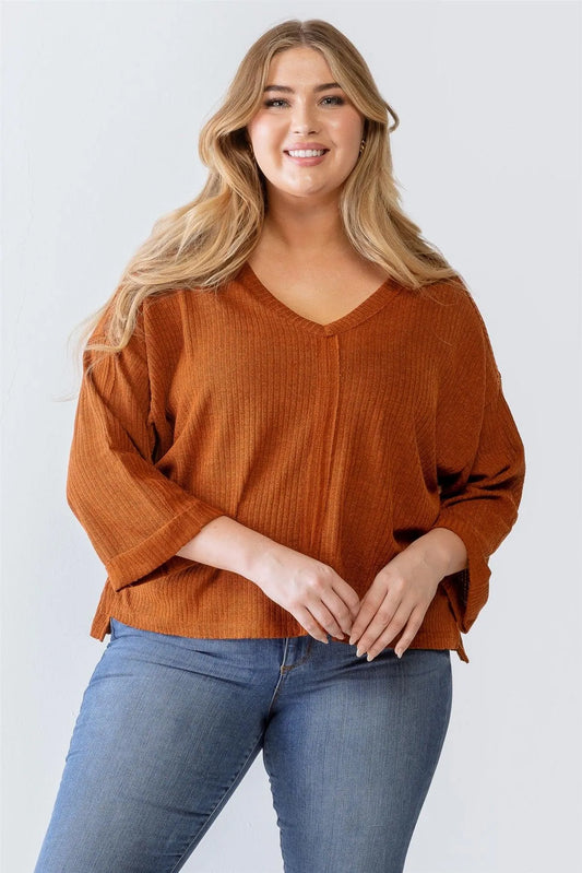 Junior Plus Rust Ribbed V-Neck Long Sleeve Top - Tasha Apparel Wholesale