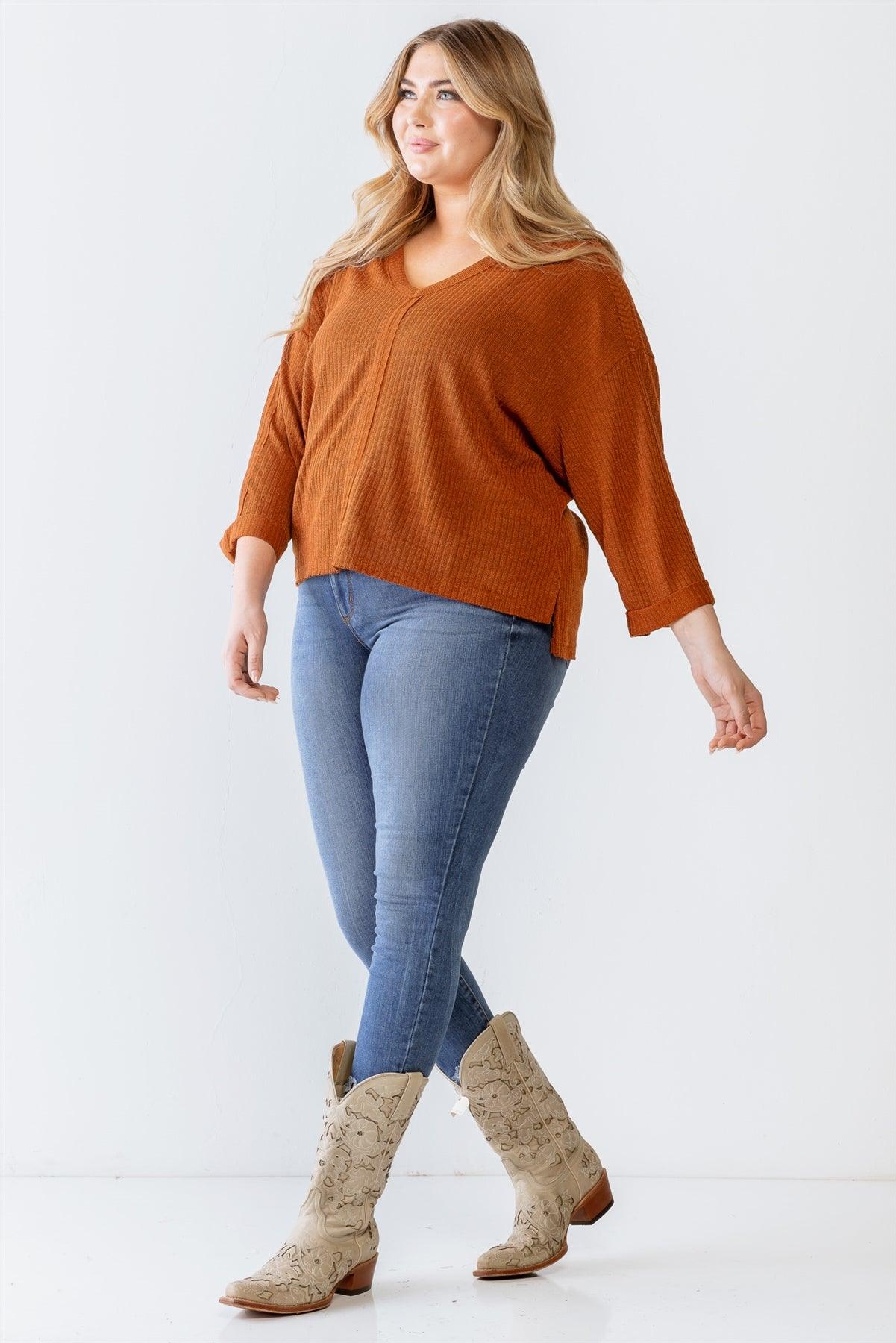Junior Plus Rust Ribbed V-Neck Long Sleeve Top