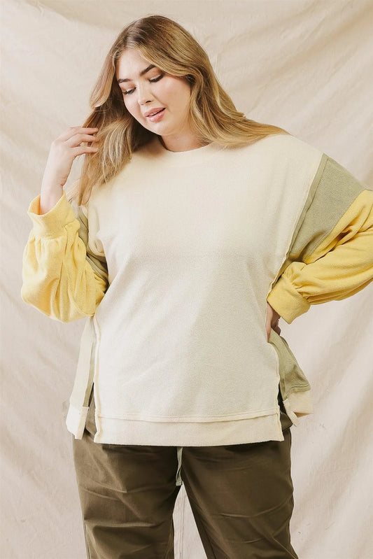 Junior Plus Cream Colorblock Inside Out Trim Detail Soft To Touch Sweater /3-2-1 - Tasha Apparel Wholesale