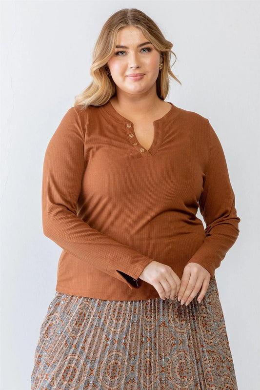 Junior Plus Camel Ribbed Button-Up Long Sleeve Top /3-2-1 - Tasha Apparel Wholesale