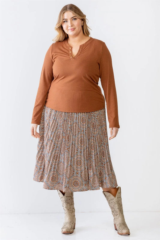 Junior Plus Camel Ribbed Button-Up Long Sleeve Top /2-3-2 - Tasha Apparel Wholesale