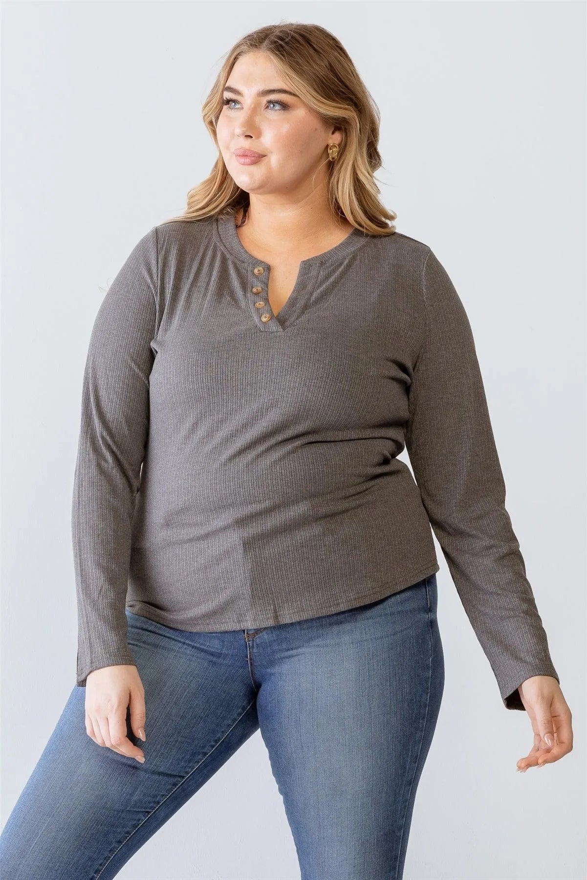 Junior Plus Charcoal Ribbed Button-Up Long Sleeve Top /1-2-1 - Tasha Apparel Wholesale