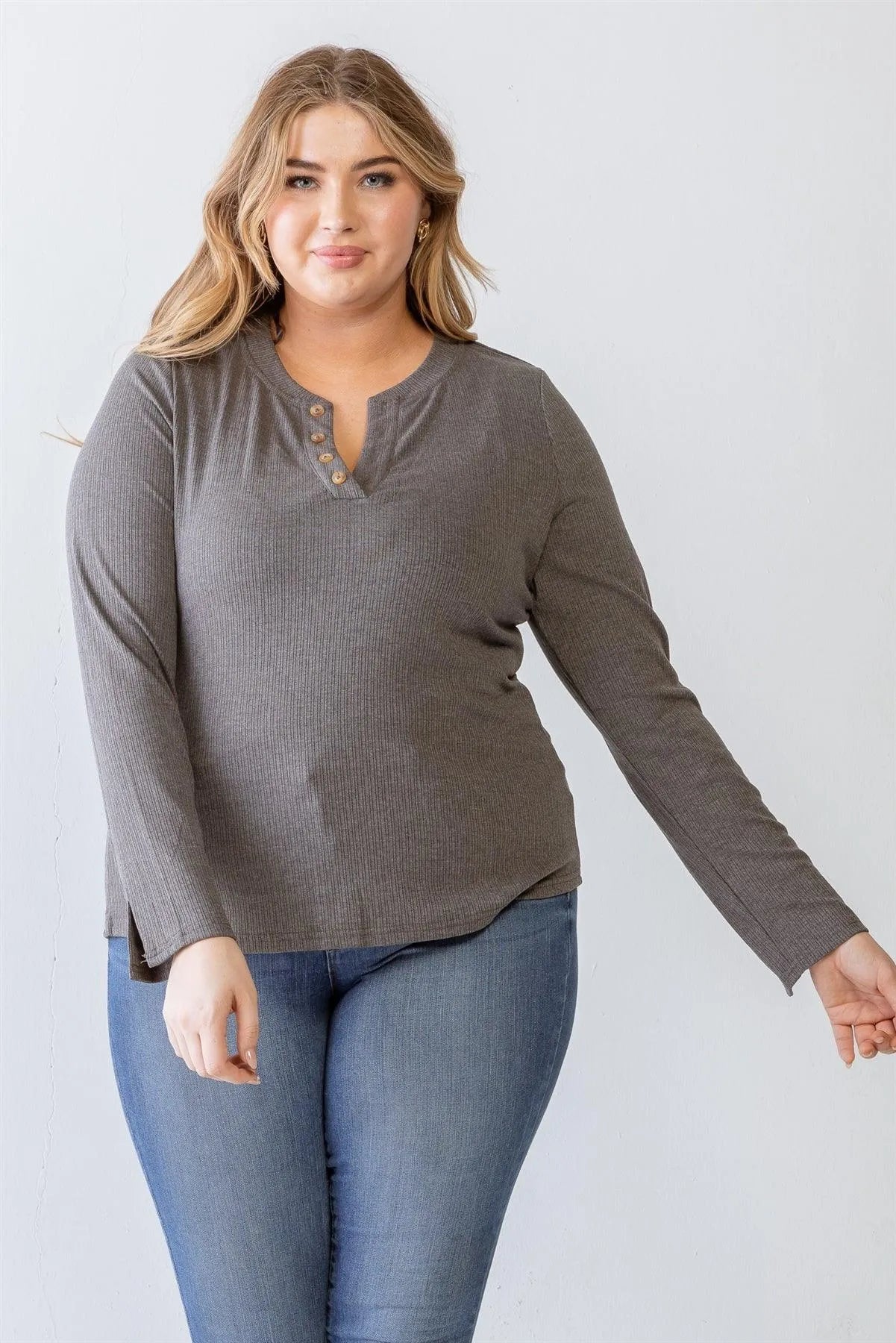 Junior Plus Charcoal Ribbed Button-Up Long Sleeve Top /1-2-1 - Tasha Apparel Wholesale