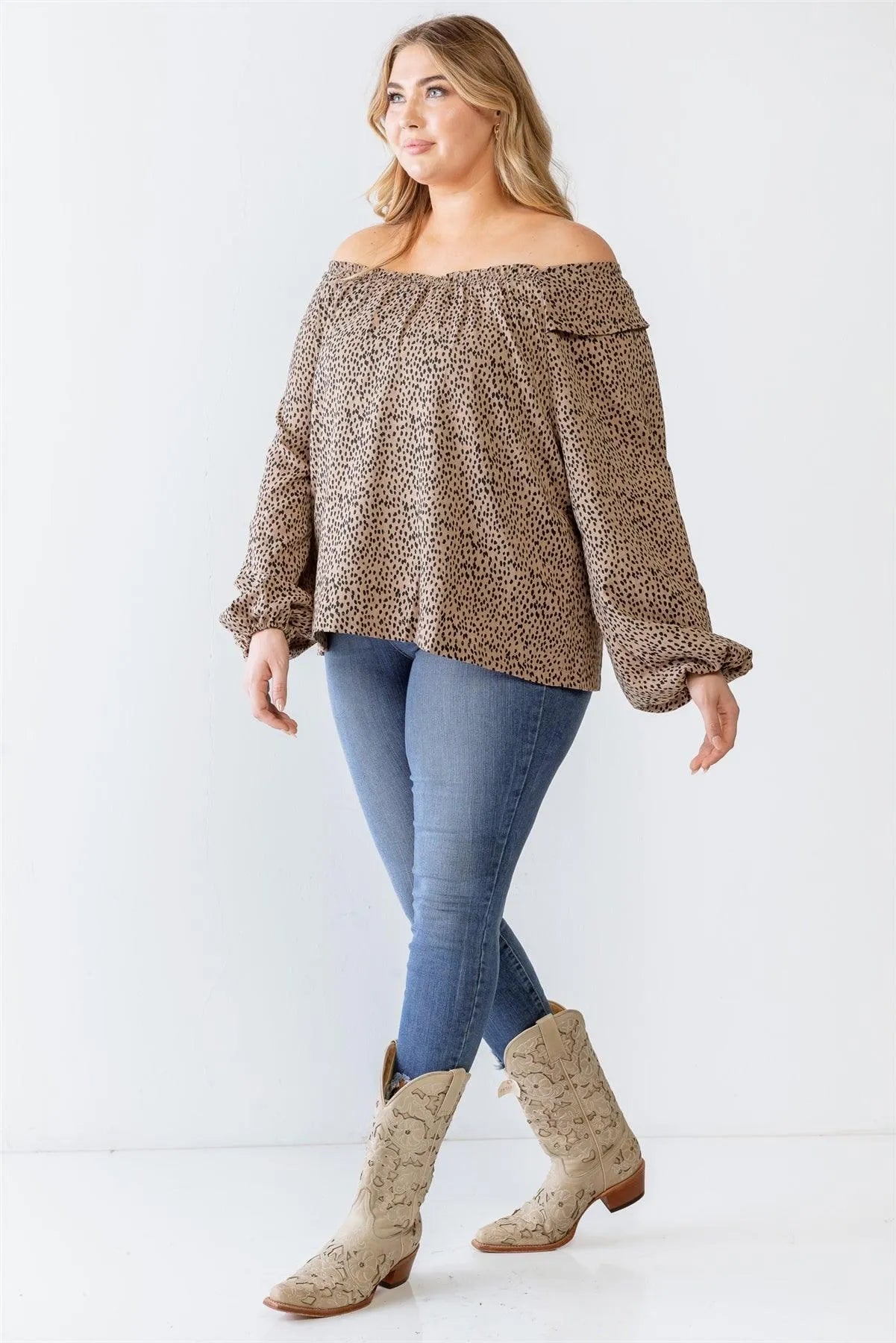 Plus Size Polka Dot Off-The-Shoulder Ruffle Top - Tasha Apparel Wholesale