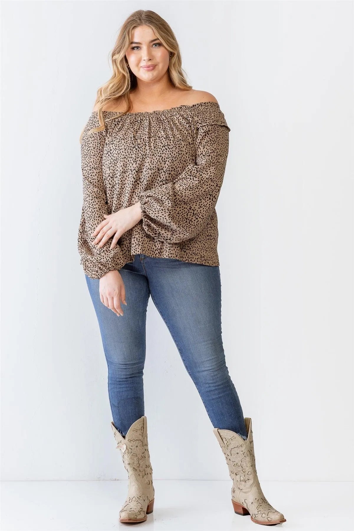 Plus Size Polka Dot Off-The-Shoulder Ruffle Top - Tasha Apparel Wholesale