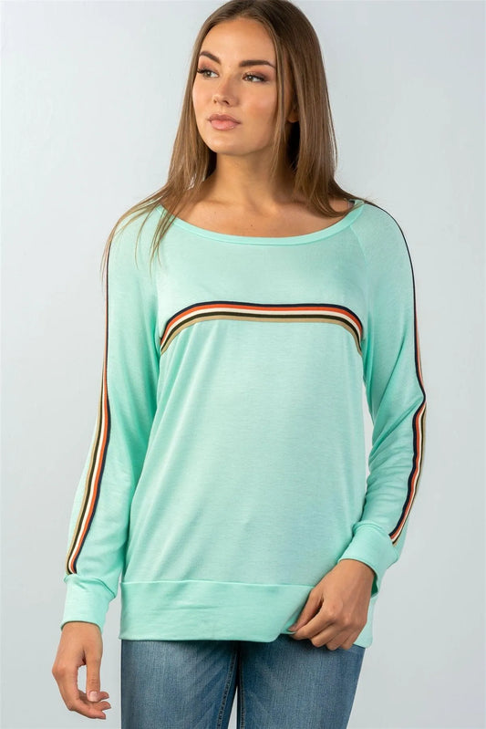 Mint Colored Stripes Long Sleeves Knit Top /2-2-2 - Tasha Apparel Wholesale