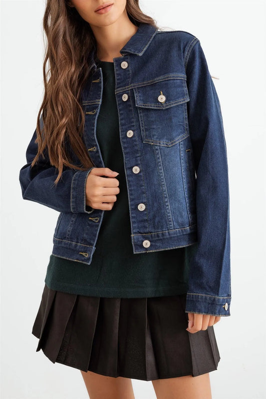 Denim Button-Up Four Pocket Long Sleeve Jacket - Tasha Apparel Wholesale