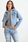 Light Denim Button-Up Long Sleeve Distressed Jacket - Tasha Apparel Wholesale