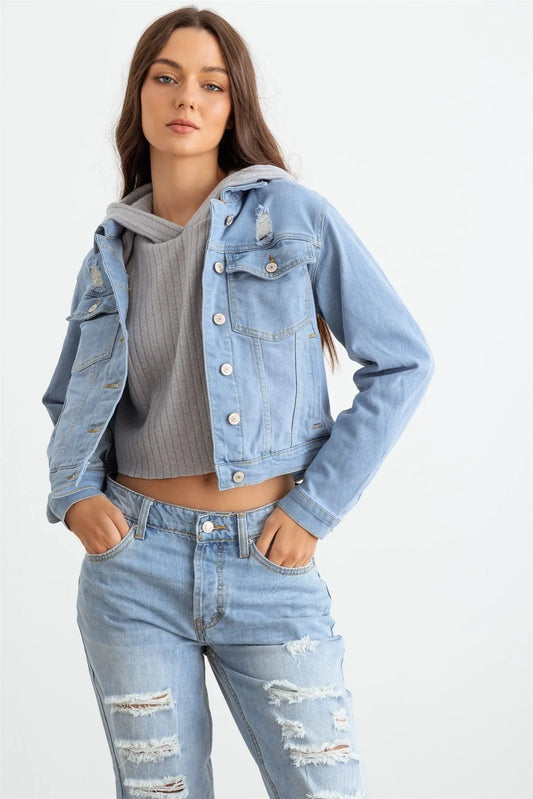Light Denim Button-Up Long Sleeve Distressed Jacket - Tasha Apparel Wholesale