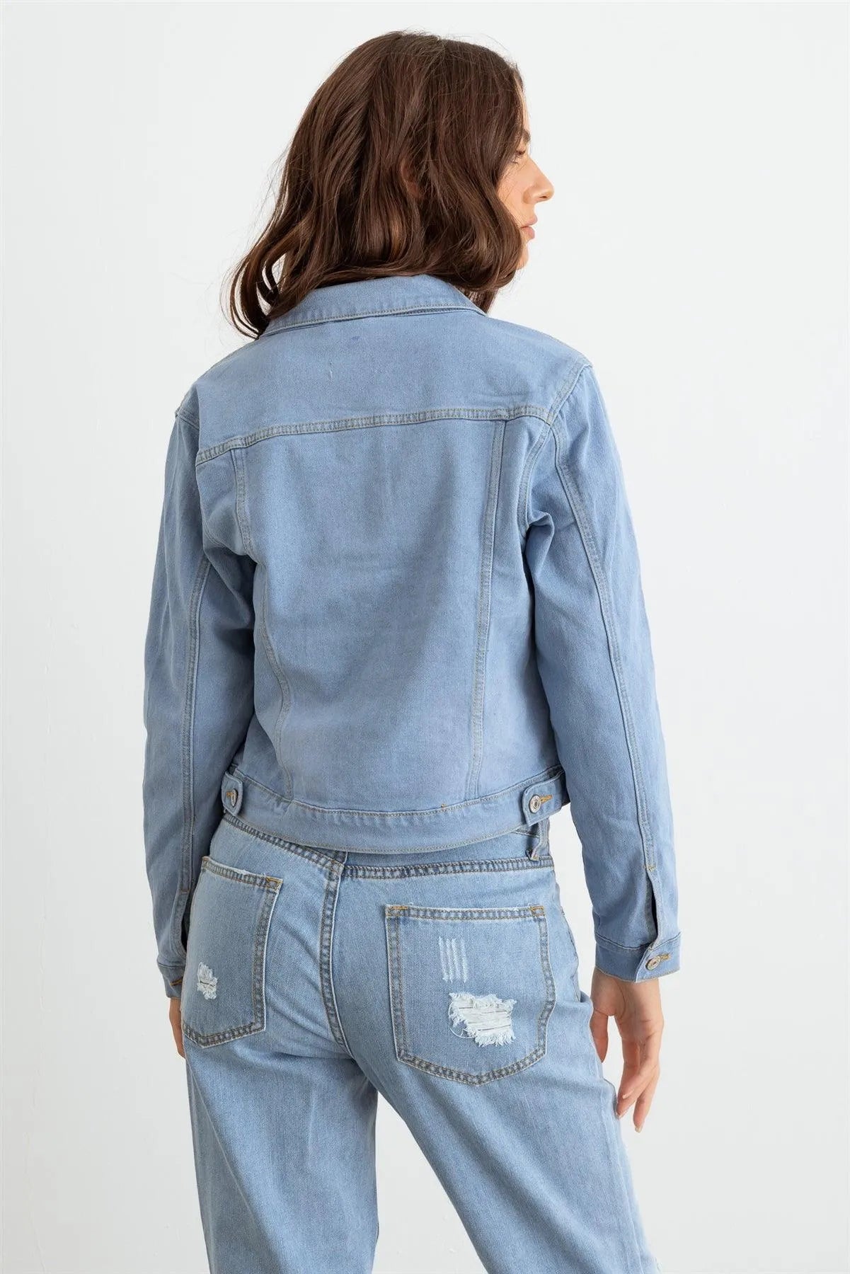 Light Denim Button-Up Long Sleeve Distressed Jacket - Tasha Apparel Wholesale