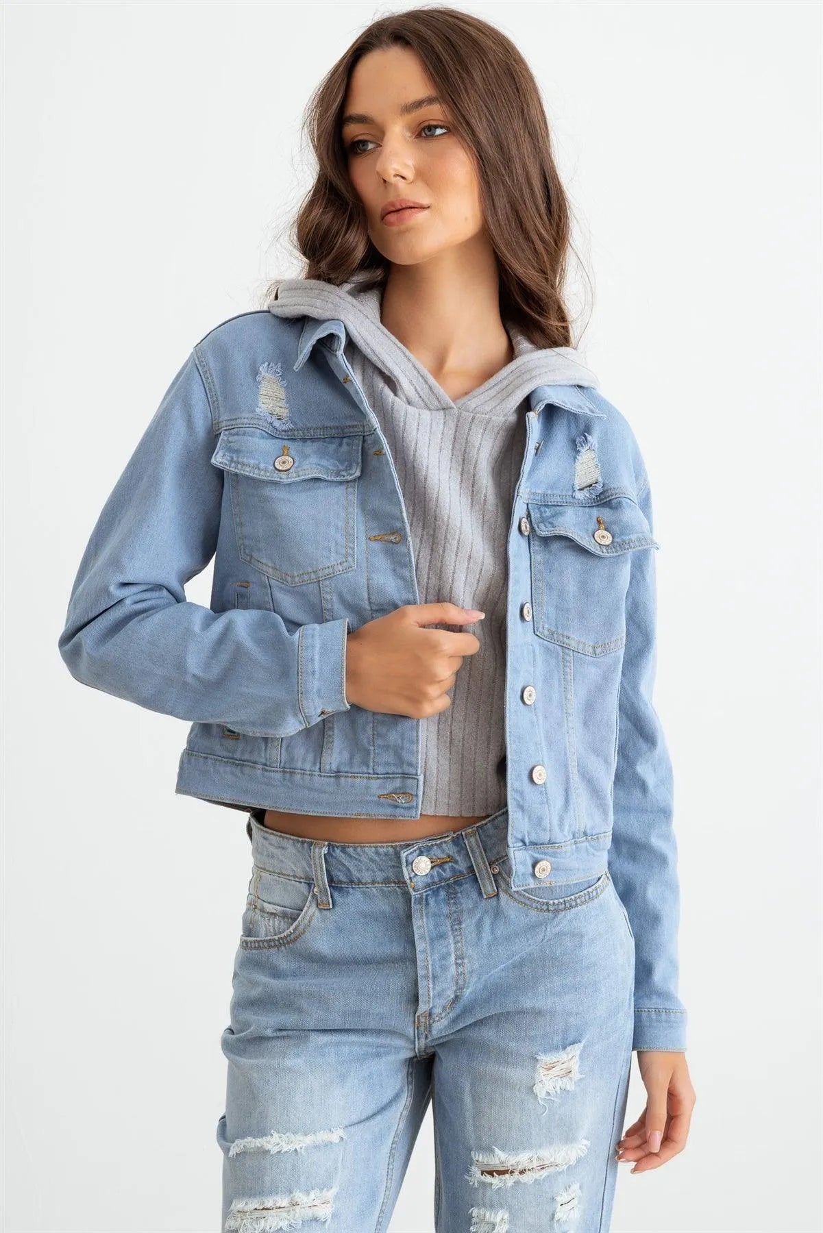 Light Denim Button-Up Long Sleeve Distressed Jacket - Tasha Apparel Wholesale