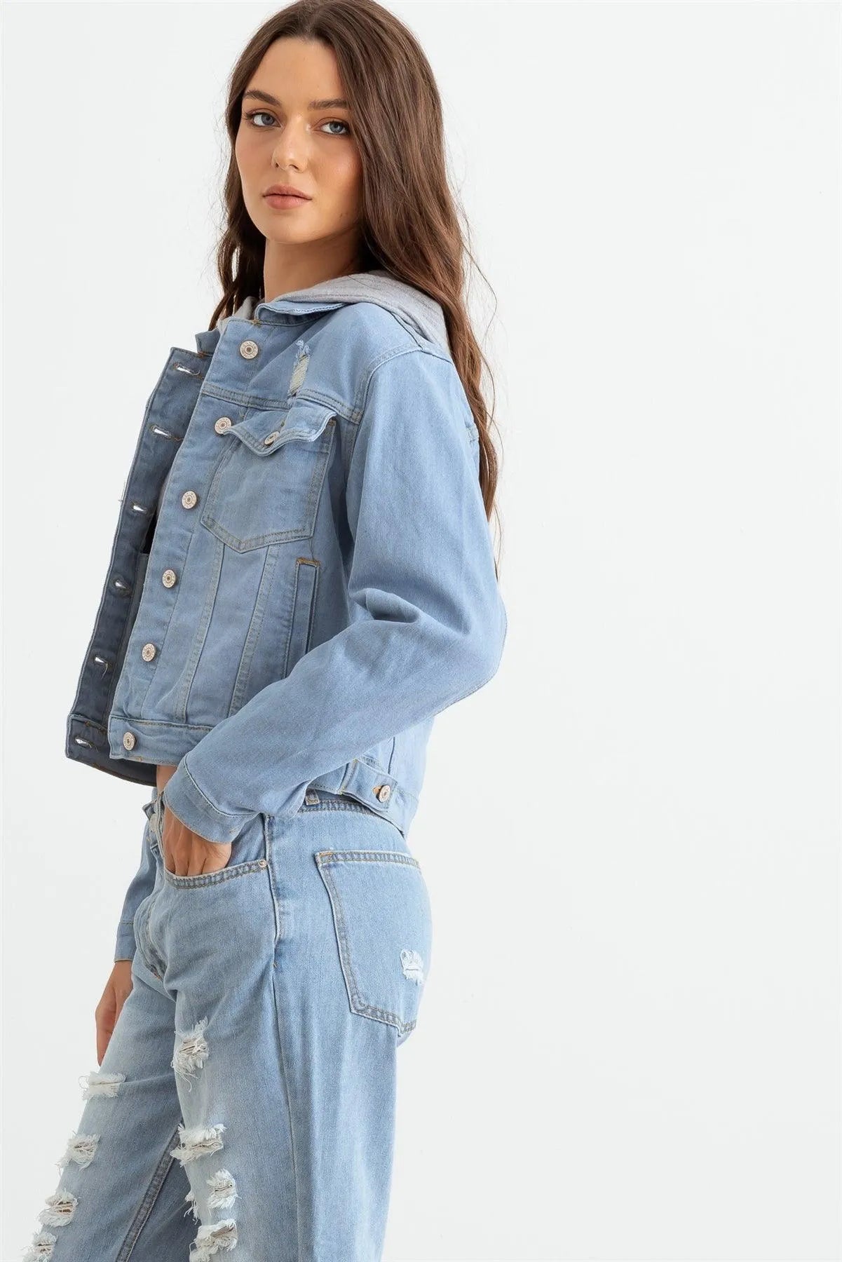 Light Denim Button-Up Long Sleeve Distressed Jacket - Tasha Apparel Wholesale