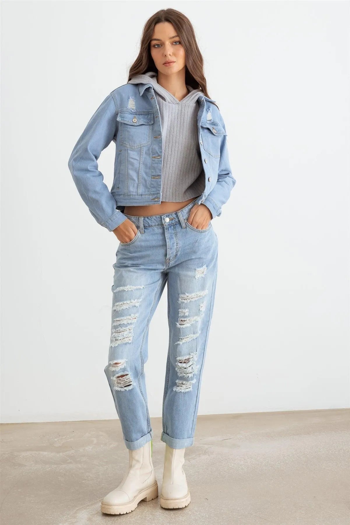 Light Denim Button-Up Long Sleeve Distressed Jacket - Tasha Apparel Wholesale