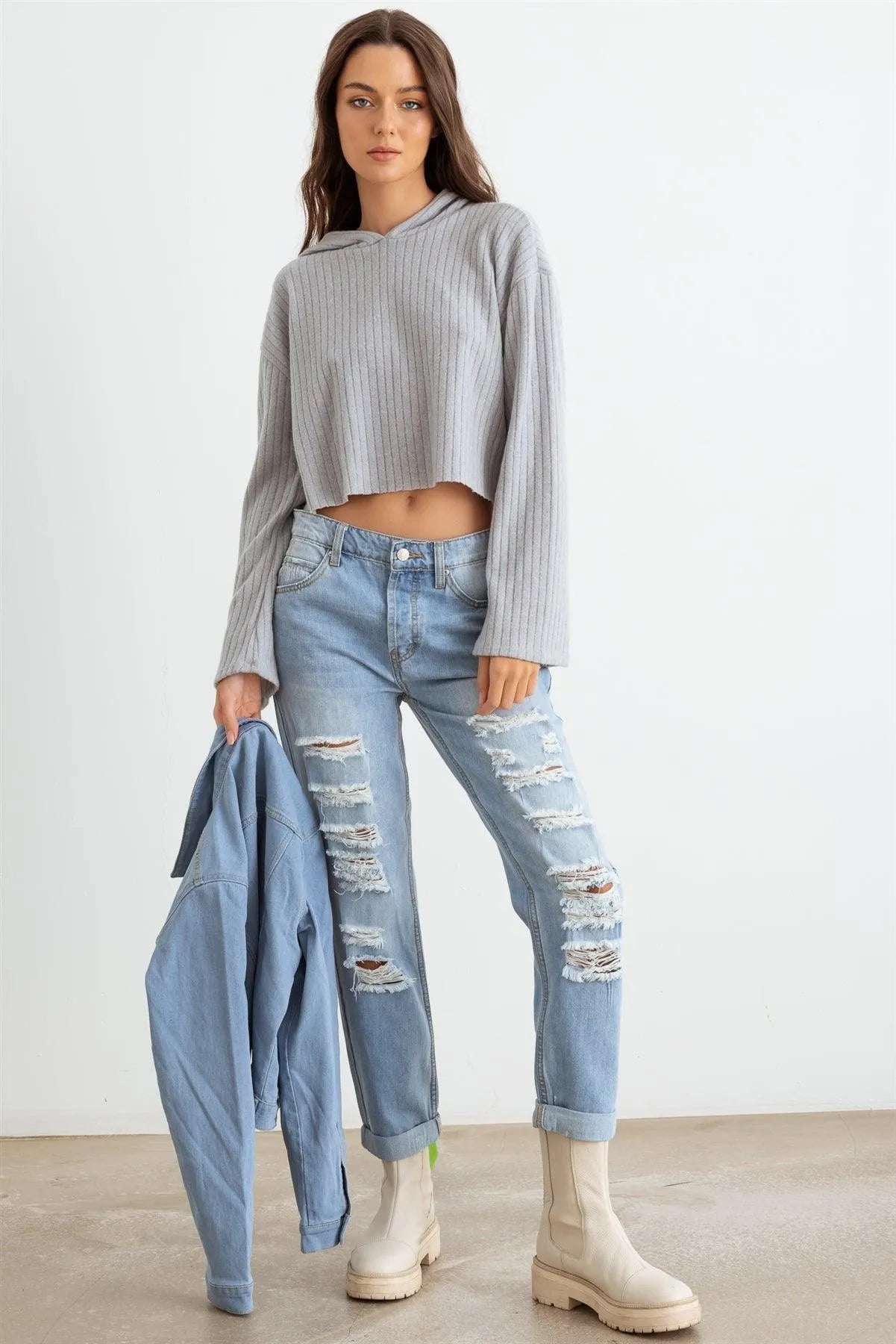 Light Denim Button-Up Long Sleeve Distressed Jacket - Tasha Apparel Wholesale
