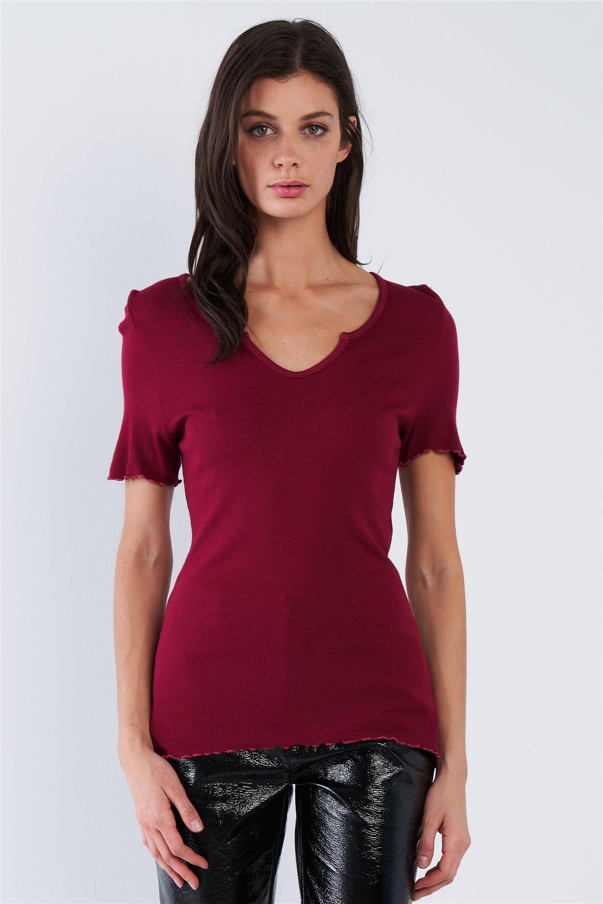 Cherry Red Ribbed V-Neck Top /3-2-1